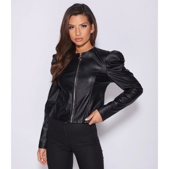Jackets & Blazers - Black Vegan Leather Faux Leather Long Puff Sleeve Jacket